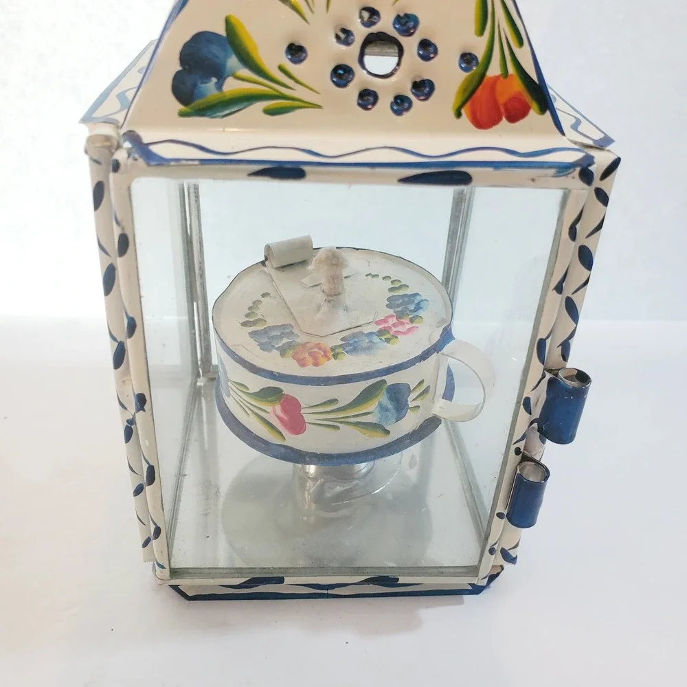 Vintage Primitive Folk Art Tin & Glass Hand Painted Floral Oil Lantern Portugal